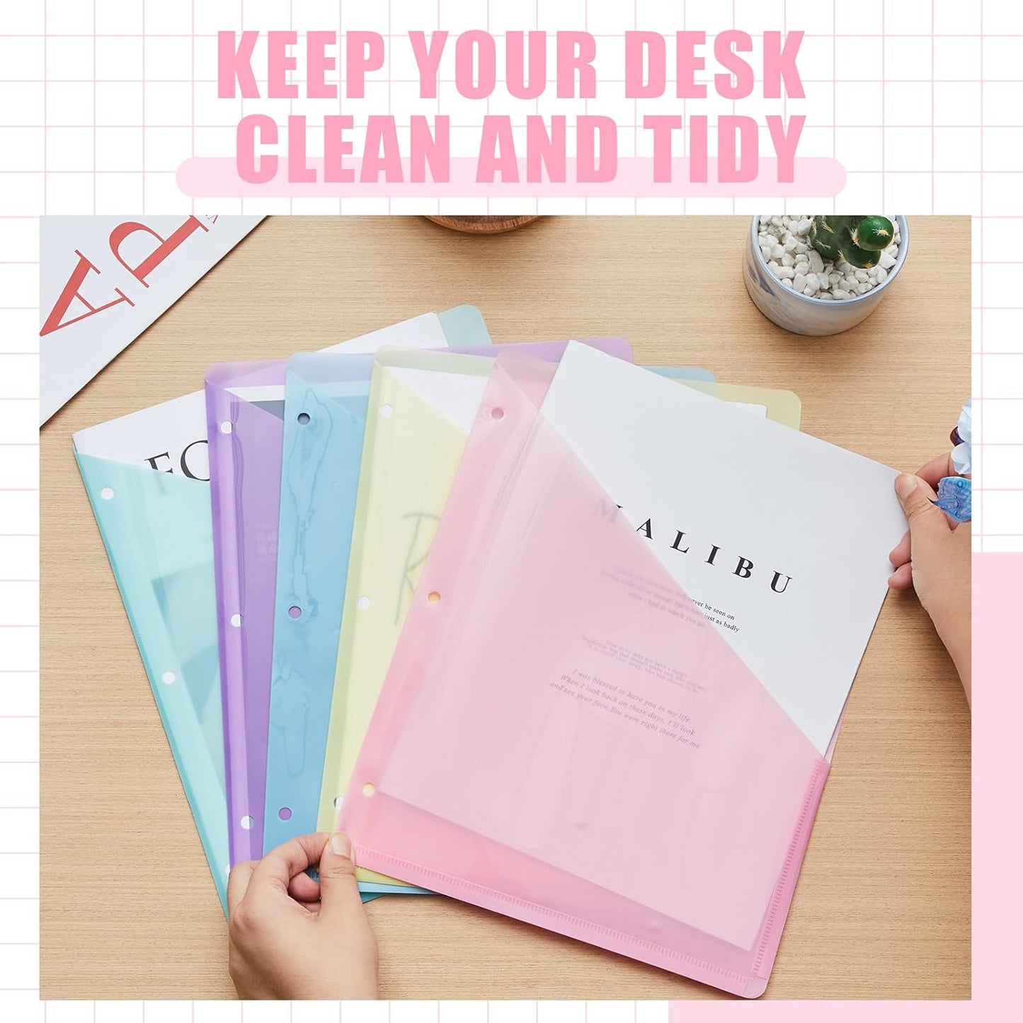 Maitys 50 Pack Binder Pockets 3 Hole Punch Clear Plastic Document Folders Binder Organizer Store Letter Size 8.5x11 Inch Paper Folders with Pockets Slash File Jacket for Office (Macaron Color)