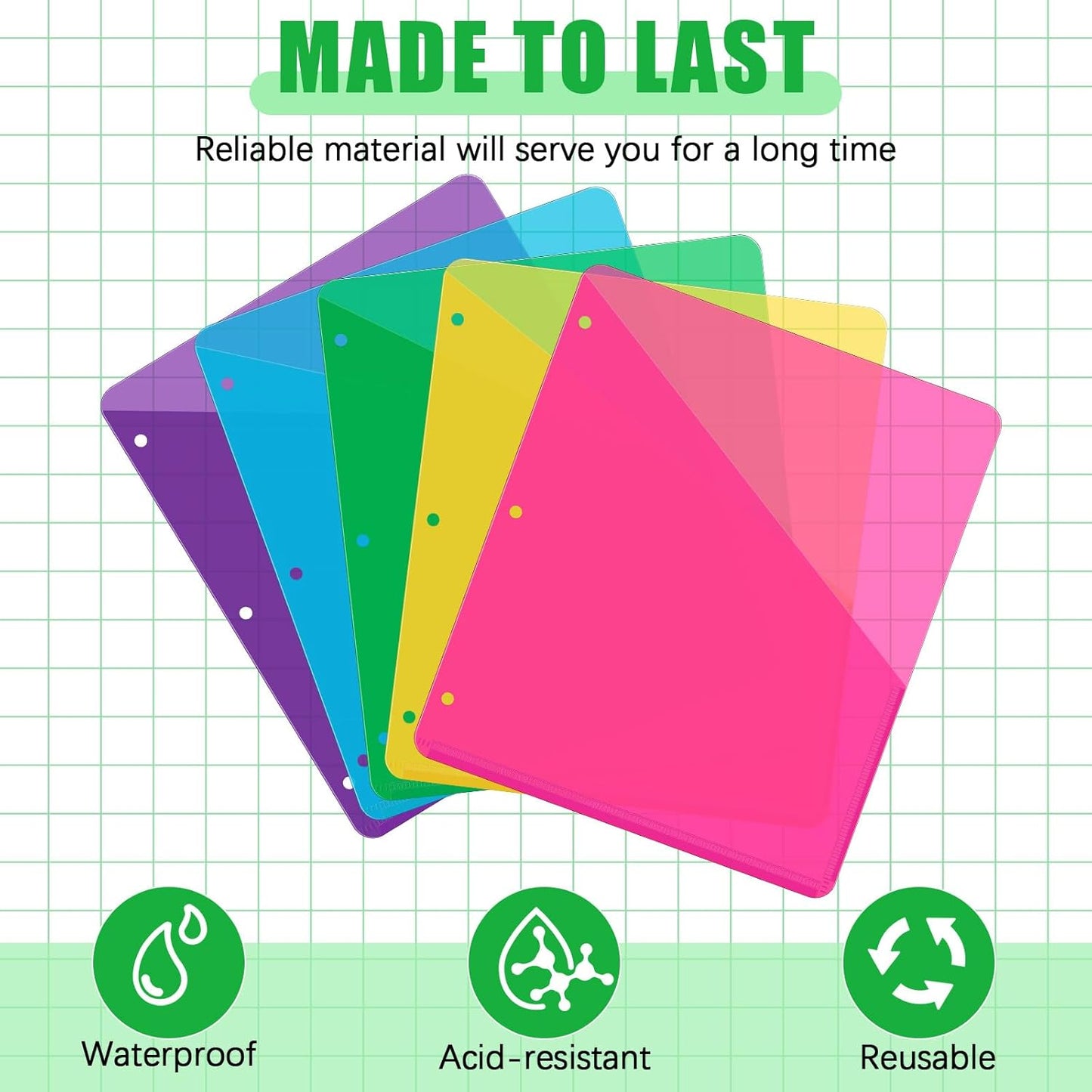 Maitys 50 Pack Binder Pockets 3 Hole Punch Clear Plastic Document Folders Binder Organizer Store Letter Size 8.5x11 Inch Paper Folders with Pockets Slash File Jacket for Office (Neon Colors)