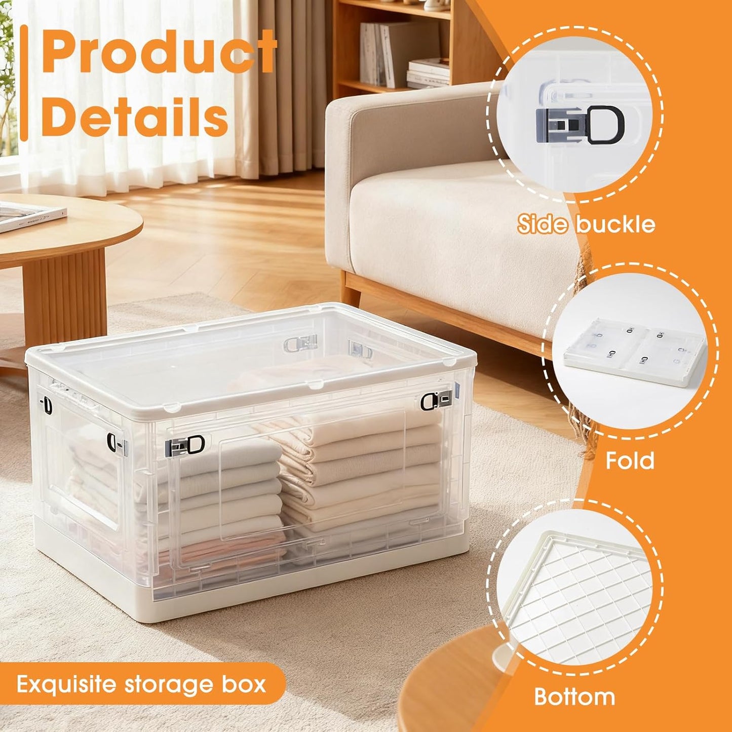 MGWILL 72 Quart Plastic Storage Bins with Lids & Wheels, Stackable Closet Organizers and Storage 5 Doors, Large Collapsible Storage Boxes, Foldable Clear Storage Containers