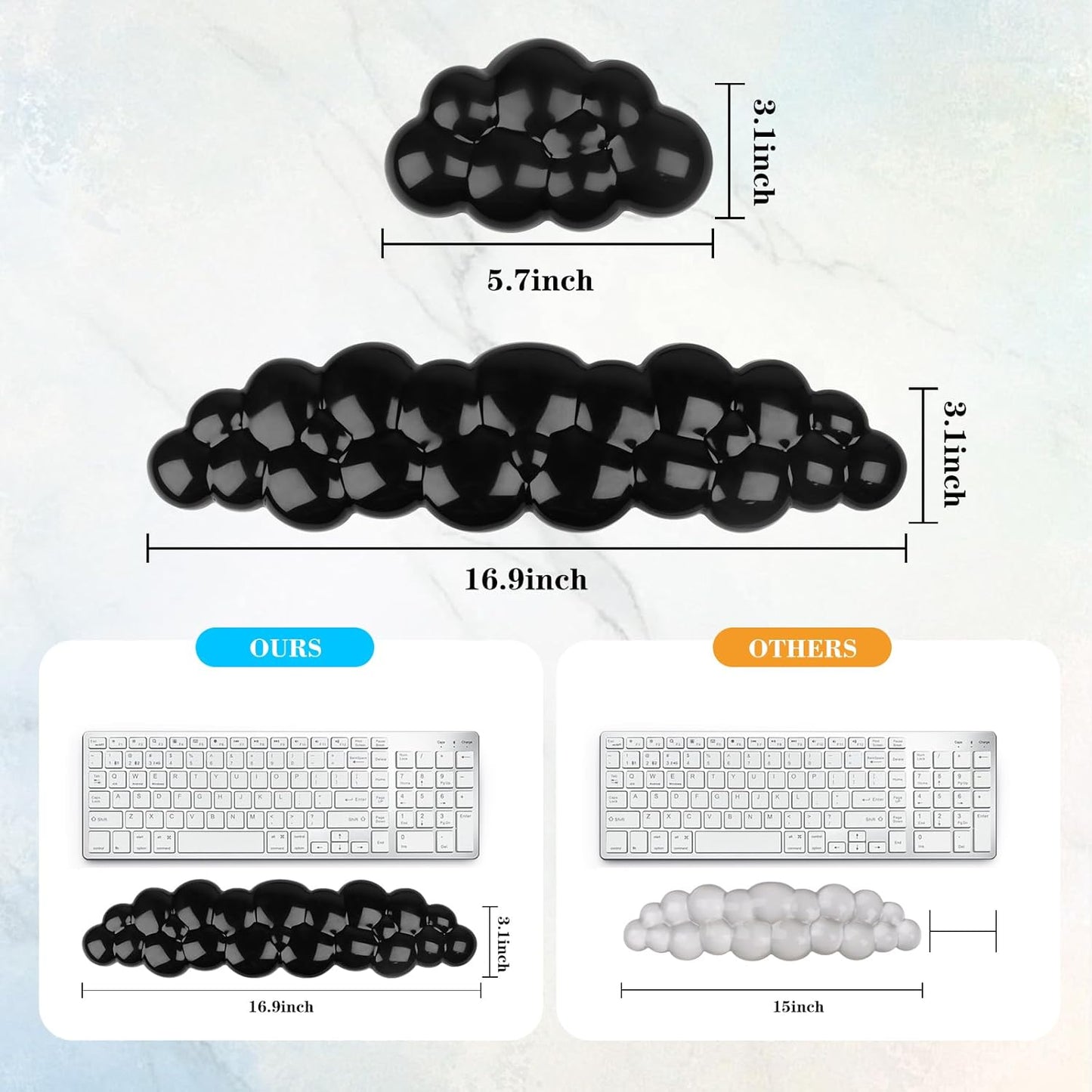 Gel Cloud Keyboard and Mouse Wrist Rest, Cute Wrist Support and Arm Support Keyboard Rest for Keyboard and Mouse Typing Pain Relief，Suitable for Office/Computer/Laptop/Gaming (Transparent Black)
