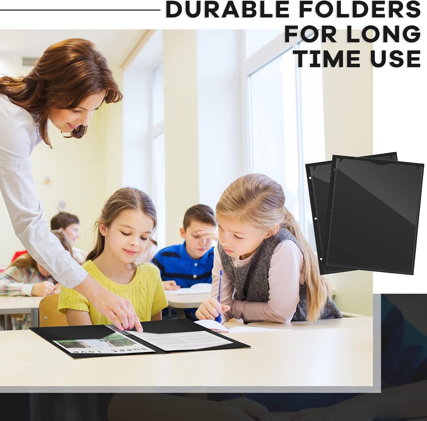 Henoyso 36 Pcs 2 Pocket Plastic Folders with Clear Front Pocket 3 Hole Punched File Folder Letter Size Take Home Documents Holder for Paper Holder Office Business Back to School Supply (Black)