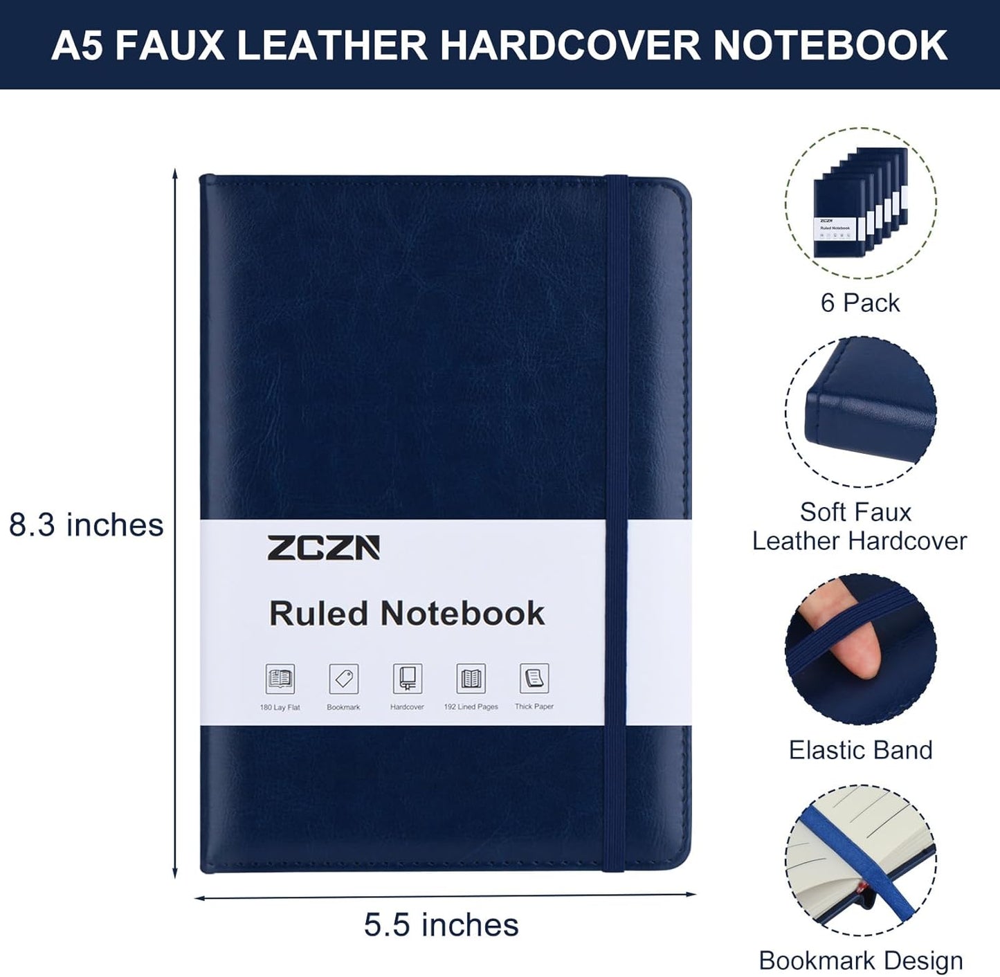 ZCZN 6 Pack Lined Journal Notebooks, 192 Pages A5 Hardcover Leather Journals for Work,Writing,School & Travel, College Ruled Journaling Notebooks for Notes Taking,Diary Journal (Black+Brown+Blue)*2