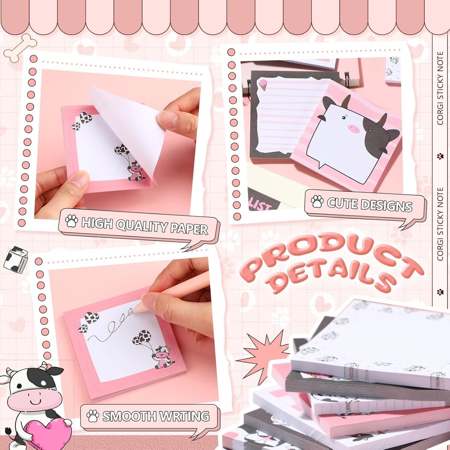 9 Pads Cow Sticky Notes 3x3 Inch Cute Self Stick Notepads Notes Adhesive Memo Pad Office Decor Gifts for Students School Teacher Meeting Office Supplies