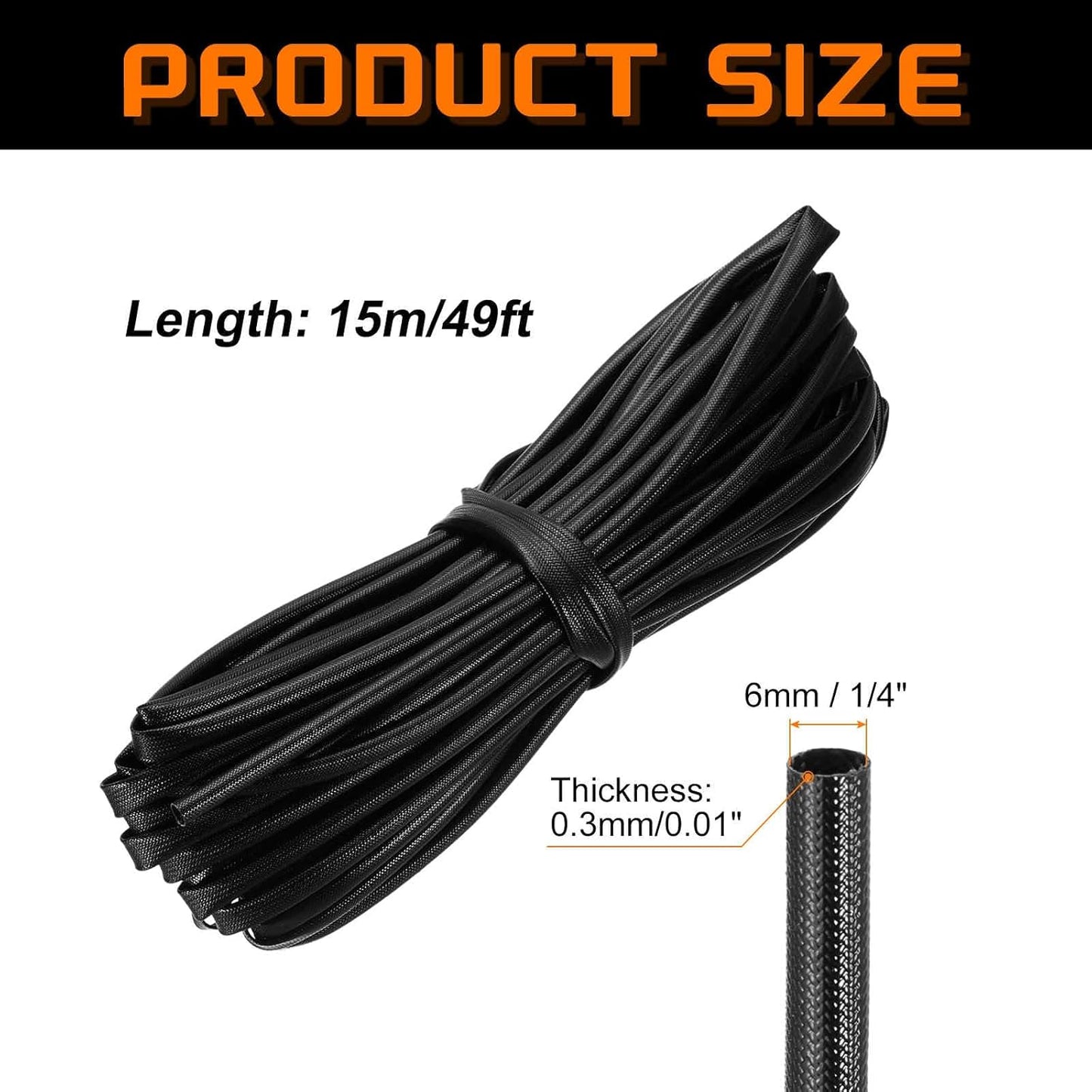 MECCANIXITY 49ft Braided Cable Sleeve, 1/4" ID 200C High Temperature 1500V Fiberglass Wire Insulation Cord Protector Organizer Wires Management for Motor Engine Fuel Line, Black