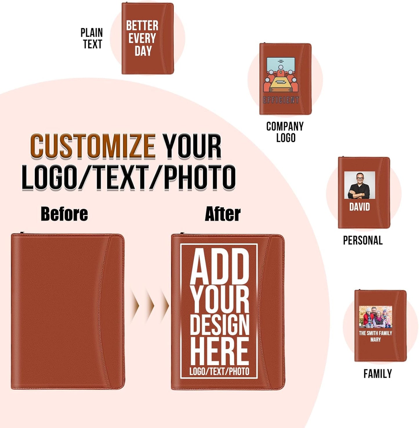 Personalized Portfolio with Zipper Logo Text Photo Custom Business Leather Folder Organizer with Clipboard Card Binder for Men Women Customized Padfolio for Gift Resume Interview Case Office