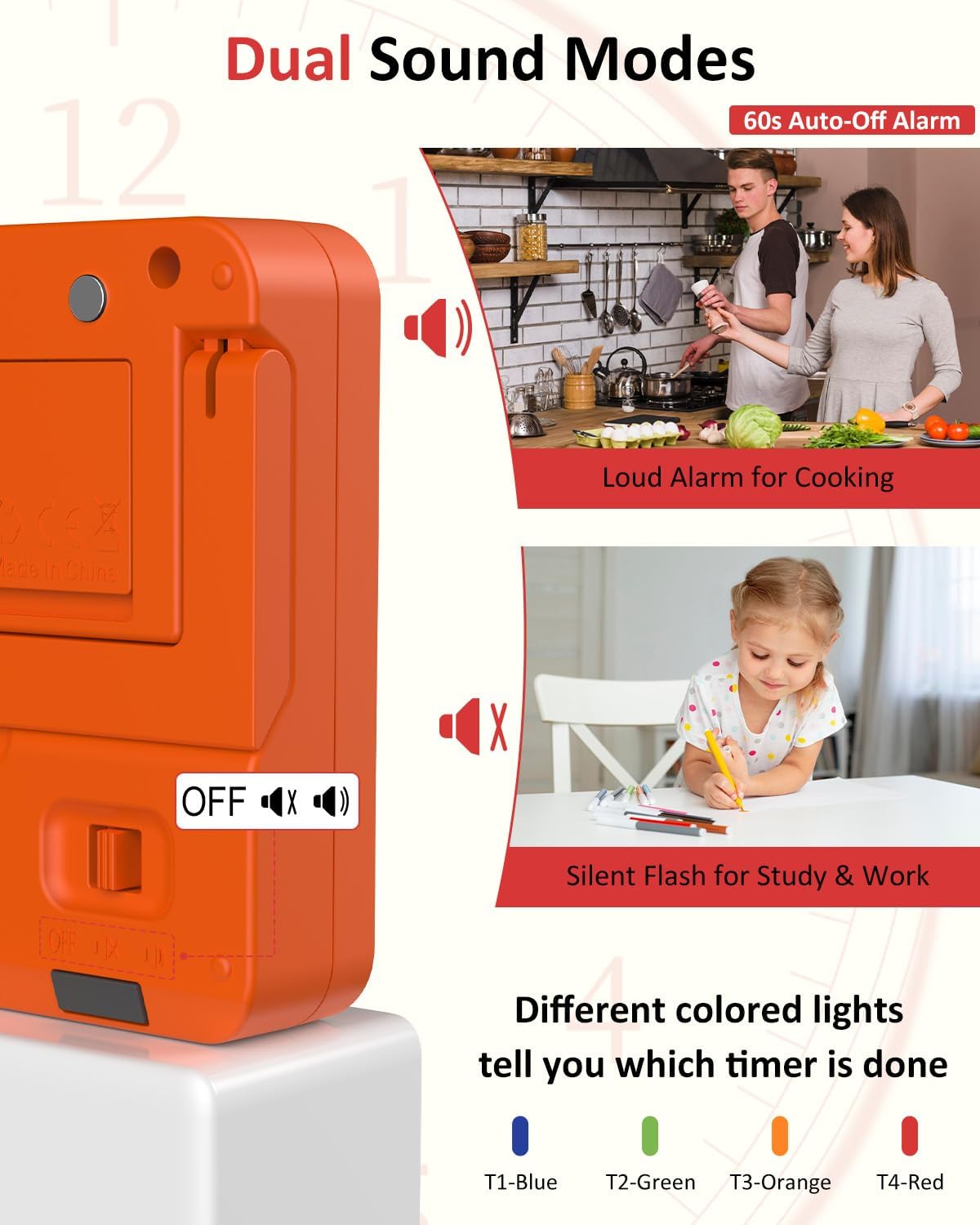 Digital Kitchen Timer for Cooking - 4 Channel Count Up Countdown Timer with Loud Alarm and Silent Mode, Large Display, Magnetic Back, Auto Memory for Classroom Study Gym, Battery Included (Orange)