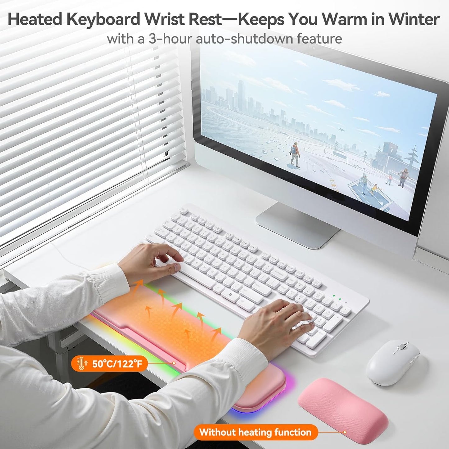 2-in-1 Heated Wrist Rest Set, Ergonomic Memory Wrist Pad with RGB Lights and Non-Slip Base, Keyboard Mouse Wrist Rest for Computer Laptop Office Work and PC Gaming