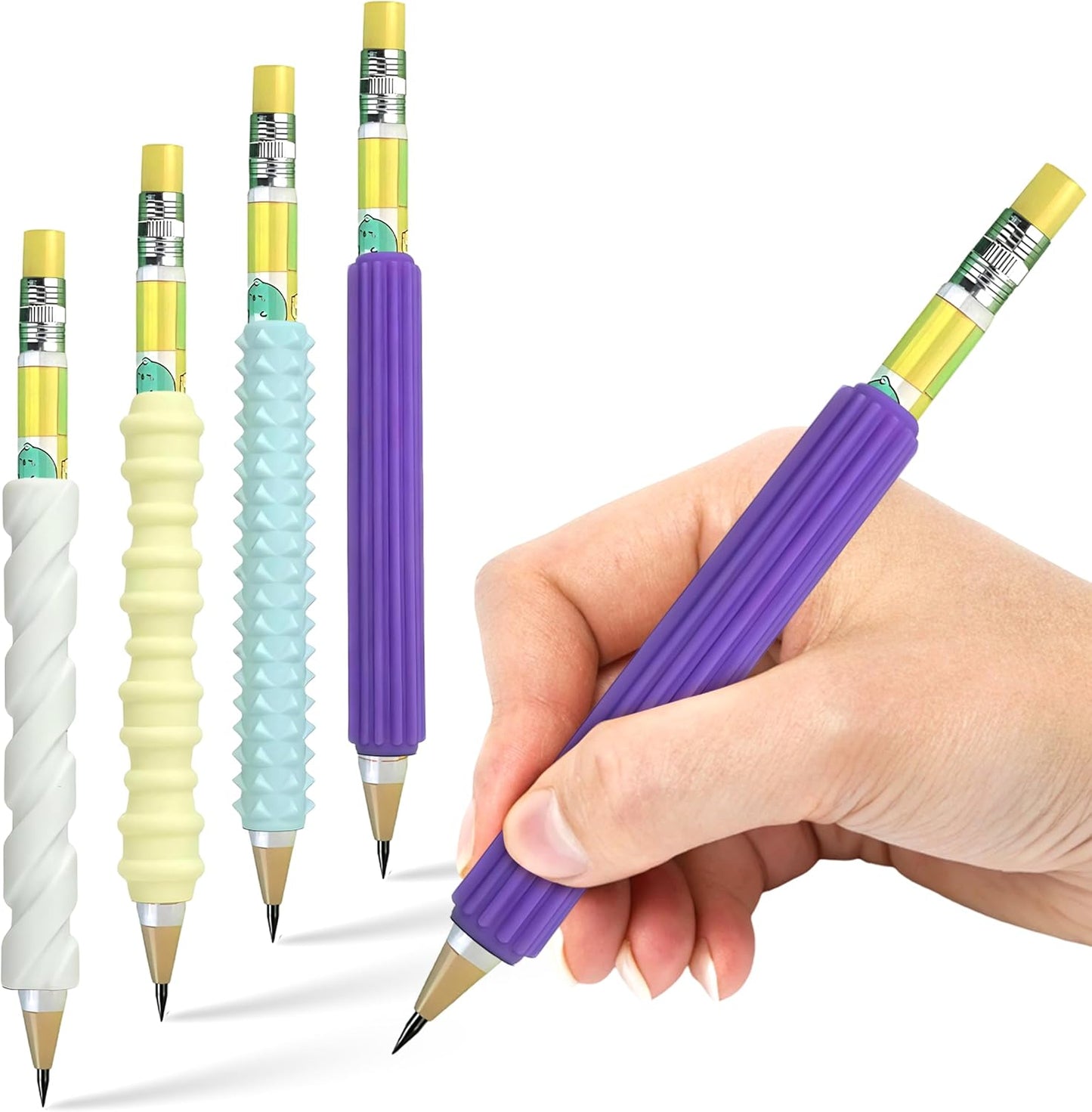 Pencil Grips for Kids & Adults, ADHD Tools for Kids - Sensory Fidget Sleeves for Focus, Calm & Anxiety Relief, Quiet Classroom & Travel Fidget Tool for Fine Motor Skills - 4 Pack & 2 Pencils