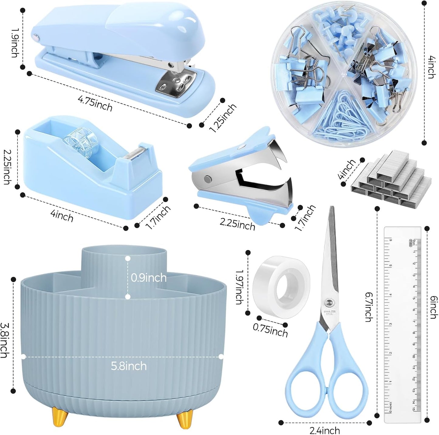 SKYDUE Desk Organizers and Accessories 10Pcs, 360-Degree Rotating Pen Holder, Stapler, Staple Remover, Tape Dispenser,2pcs Tape Refills, Binder Paper Clips Kit, Scissor (Blue)