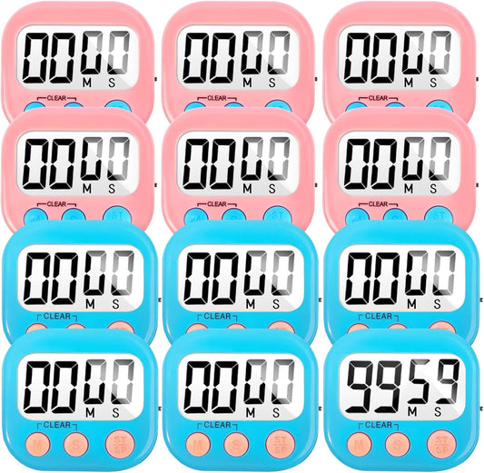 12 Pack Digital Kitchen Timer Small Classroom Timers for Kids Teachers (Blue&Pink)