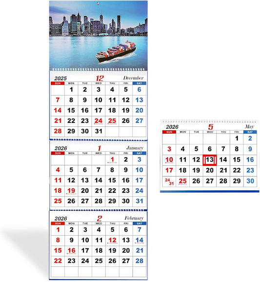 Wall Calendar 2026 Monthly Calendar 3 Month Display Wall Calendars 2026 Wall Calendar (Folded in one Month), Dec 2025 - Jan 2027, for Office School Home (A)