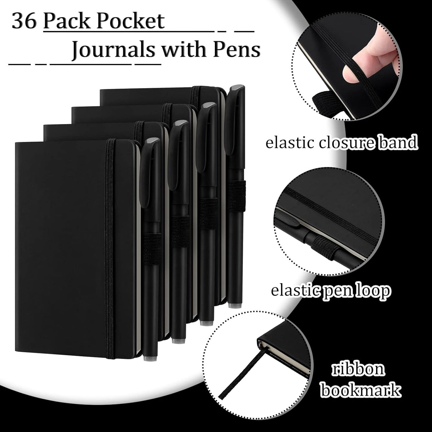 Laumoi 36 Sets Pocket Notebook Journals with Pens A6 Cute Small Journal Notebook Ruled Lined Mini Notepad Hardcover Executive Notebooks Set with Pen Holder for School Office, 3.7 x 5.7 Inch (Black)