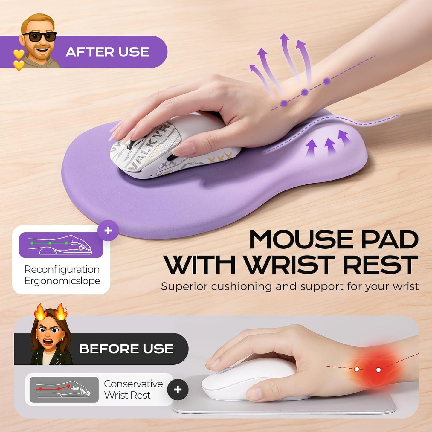 Ergonomic Mouse Pad with Wrist Rest - Mousepad Wrist Support, Memory Foam with Massage Design Wrist Rest for Mouse