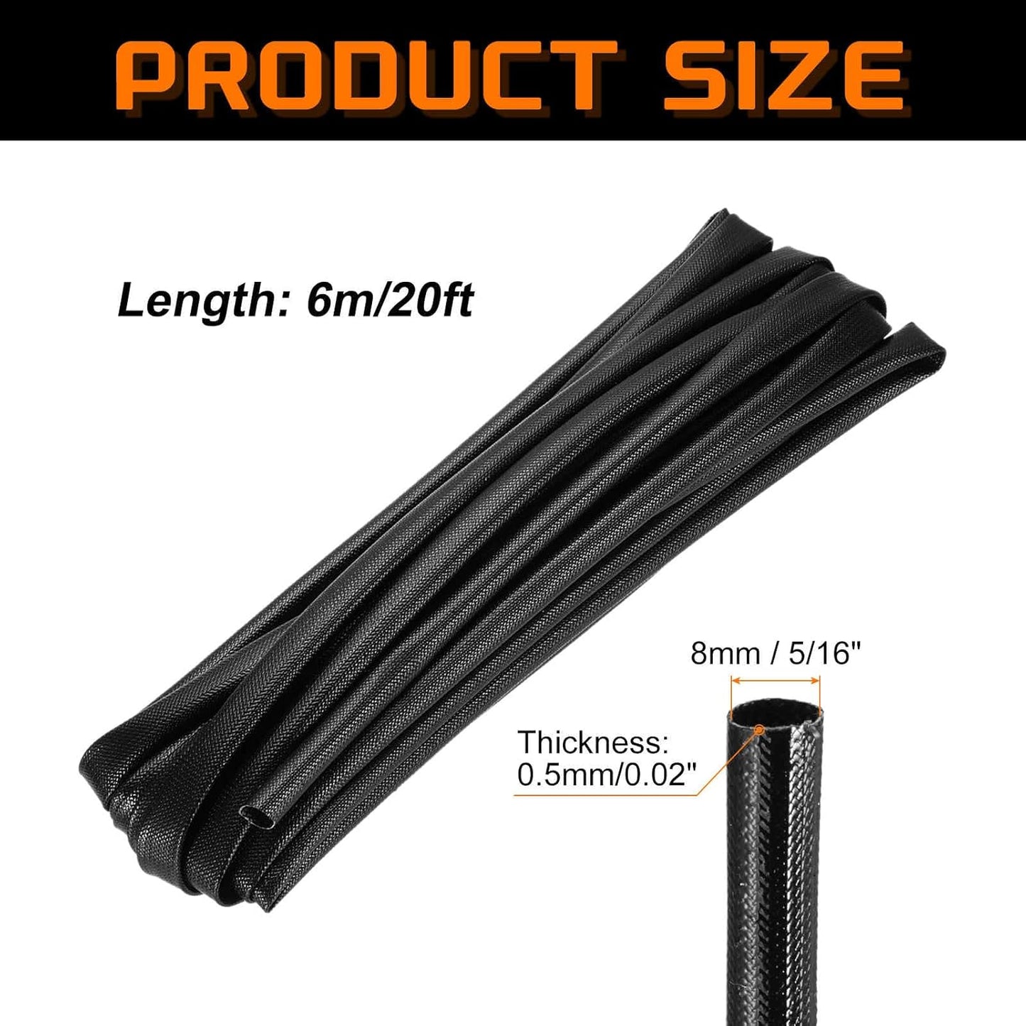 MECCANIXITY 20ft Braided Cable Sleeve, 5/16" ID 200C High Temperature 1500V Fiberglass Wire Insulation Cord Protector Organizer Wires Management for Motor Engine Fuel Line, Black