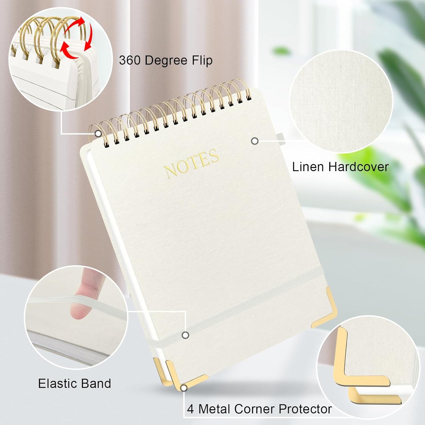 Aesthetic Top Spiral Notebook, A4 Large Linen Hardcover Top Bound Steno Pads, 240 Pages 100gsm Thick Lined Paper Left Handed Notebook Journal for Work, School, Church Writing - Beige, 8.5" x 11"