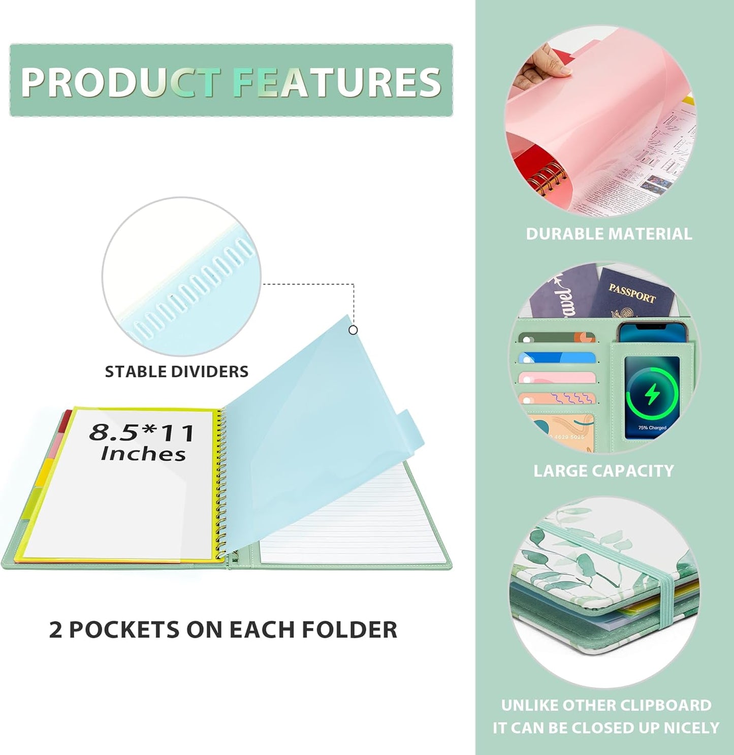 Ospelelf Clipboard with Storage, Leather Padfolio Portfolio Organizer 5 Folders with 10 Pockets, Spiral Clipboard Folio with Notepad for Letter Size, Elastic Closure and Pen Loop Green Plants