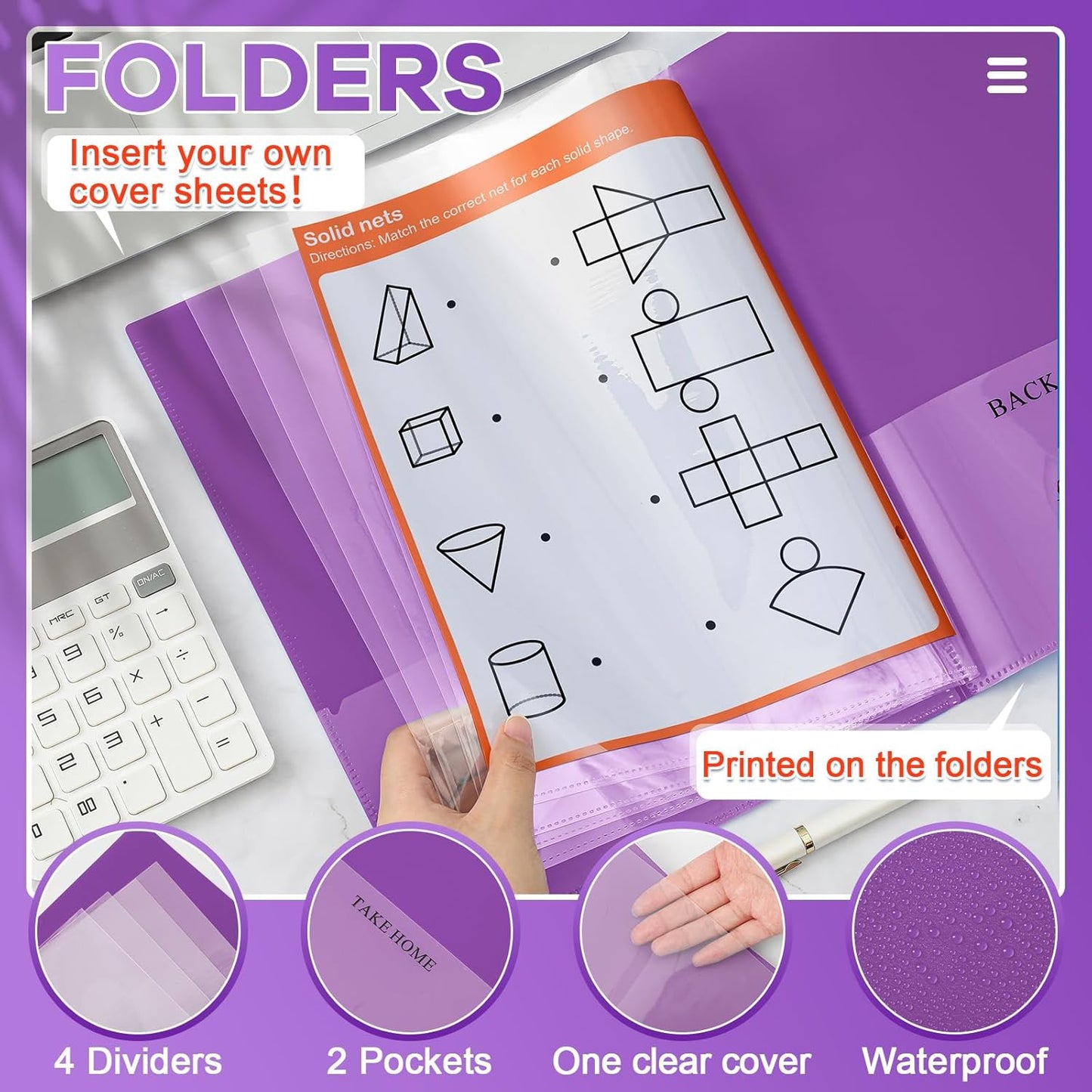 Henoyso 24 Pcs School and Home 2 Pocket Folders with 4 Clear Inner Pockets Plastic Heavy Duty Homework Folders Parent Teacher Communication for Student Home Office Classroom,11 x 9 Inch (Purple)