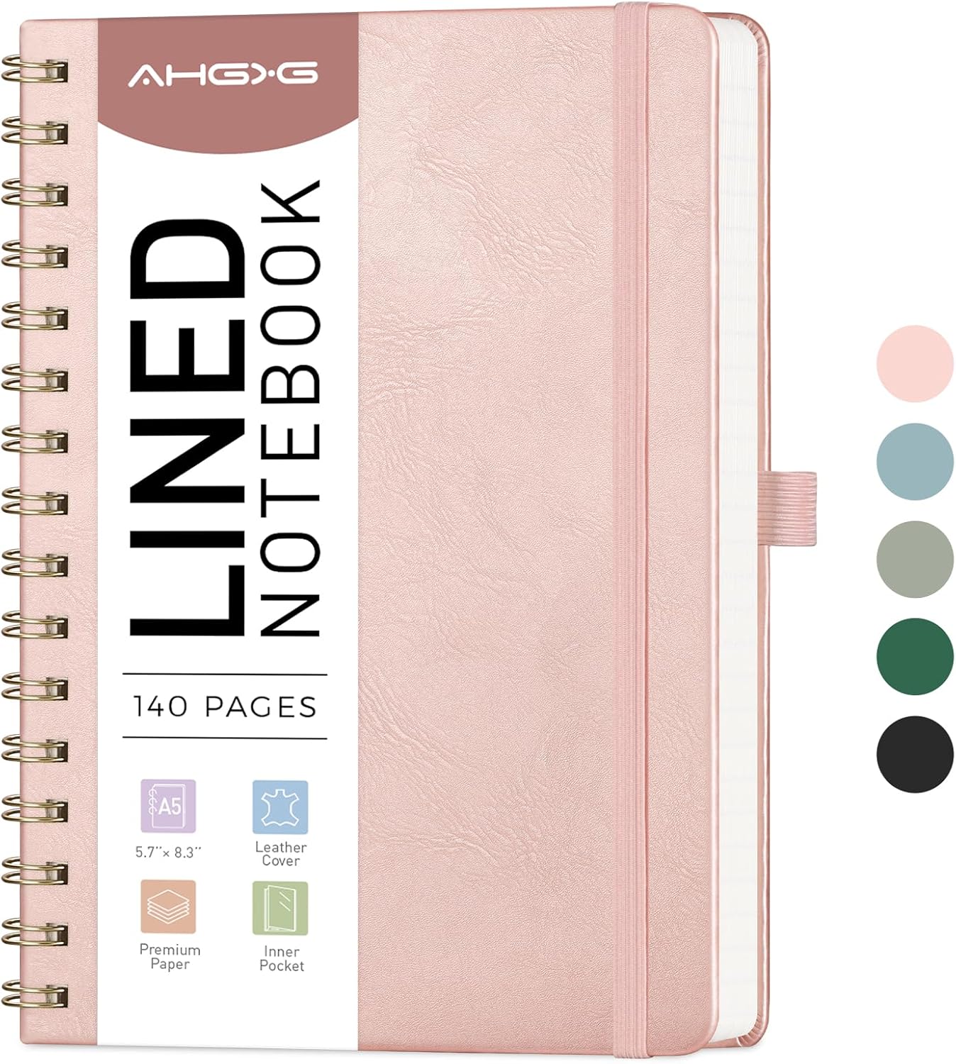 AHGXG Lined Spiral Notebook Journal for Women, Hardcover Leather Notebook College Ruled 140 Pages, A5 5.7" x 8.3", 100 GSM Thick Paper, Notebooks for School Work, Journals for Writing, Rose Gold