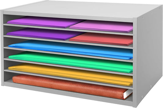 PROLEE Construction Paper Organizer 20" x 13.5" x12.2",Soild Wooden Paper Organizer with 6-Tier Letter Trays, Desktop File Papers Sorter for Home, Classroom and Office (Gray)