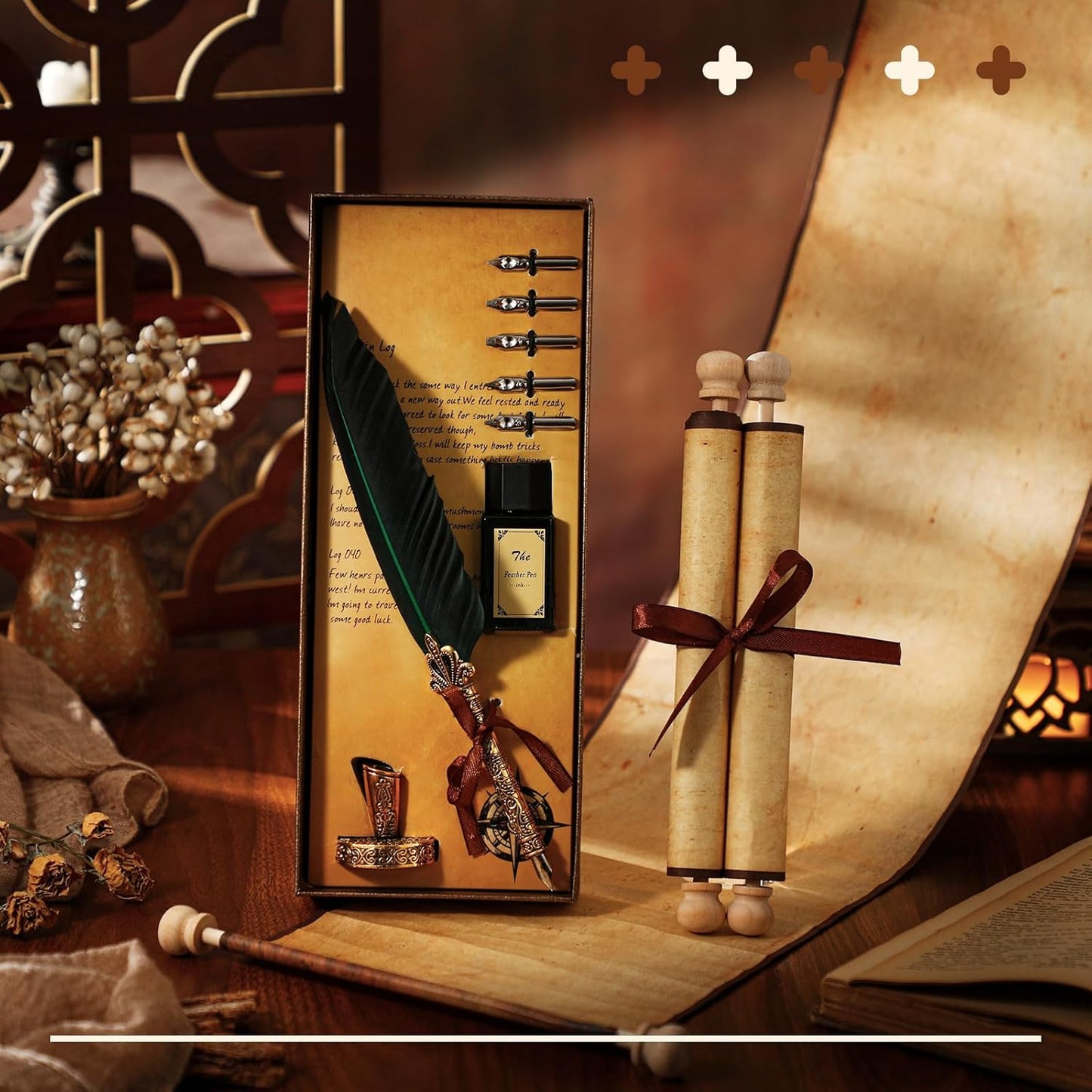 Epakh 2 Blank Scroll Paper with Wood Rods and 1 Feather Pen Set Vintage Christmas Scroll Prop Calligraphy Quill Pen with Nibs Inkwell Stand for Nice List Wedding Vows Writing Cosplay Prop Invitation