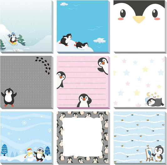9 Pads Penguin Sticky Notes 3x3 Inch Cute Self Stick Notepads Notes Adhesive Memo Pad Office Decor Gifts for Students School Teacher Meeting Office Supplies