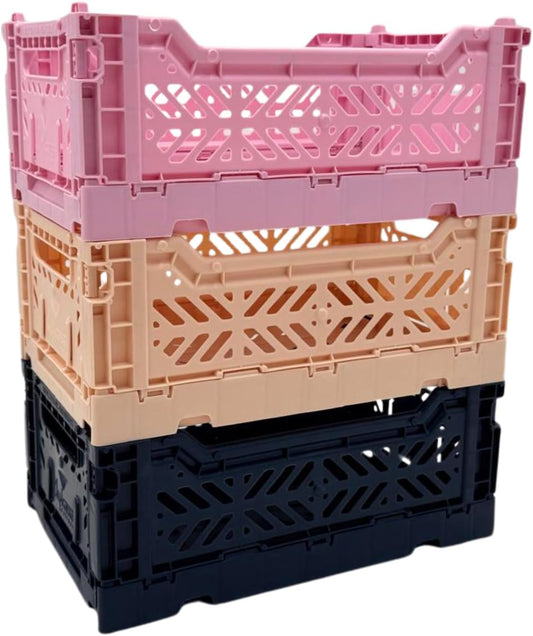 Collapsible Storage Box, Foldable Crate Organizer Bin with Handle, Stackable Crates for Home Organization (Navy-Lilac-Pink, 4L - 3-Pack)