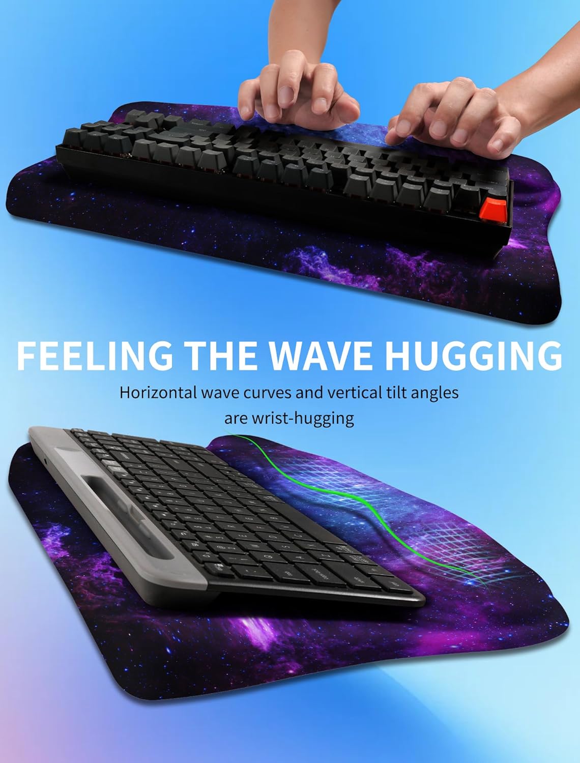 Ergonomic Wave Wrist Rest with Keyboard Stand, Cushioned Palm Rest, Comfortable Integrated Memory Foam for Natural Typing and Relieve Wrist Pain, Deep Galaxy