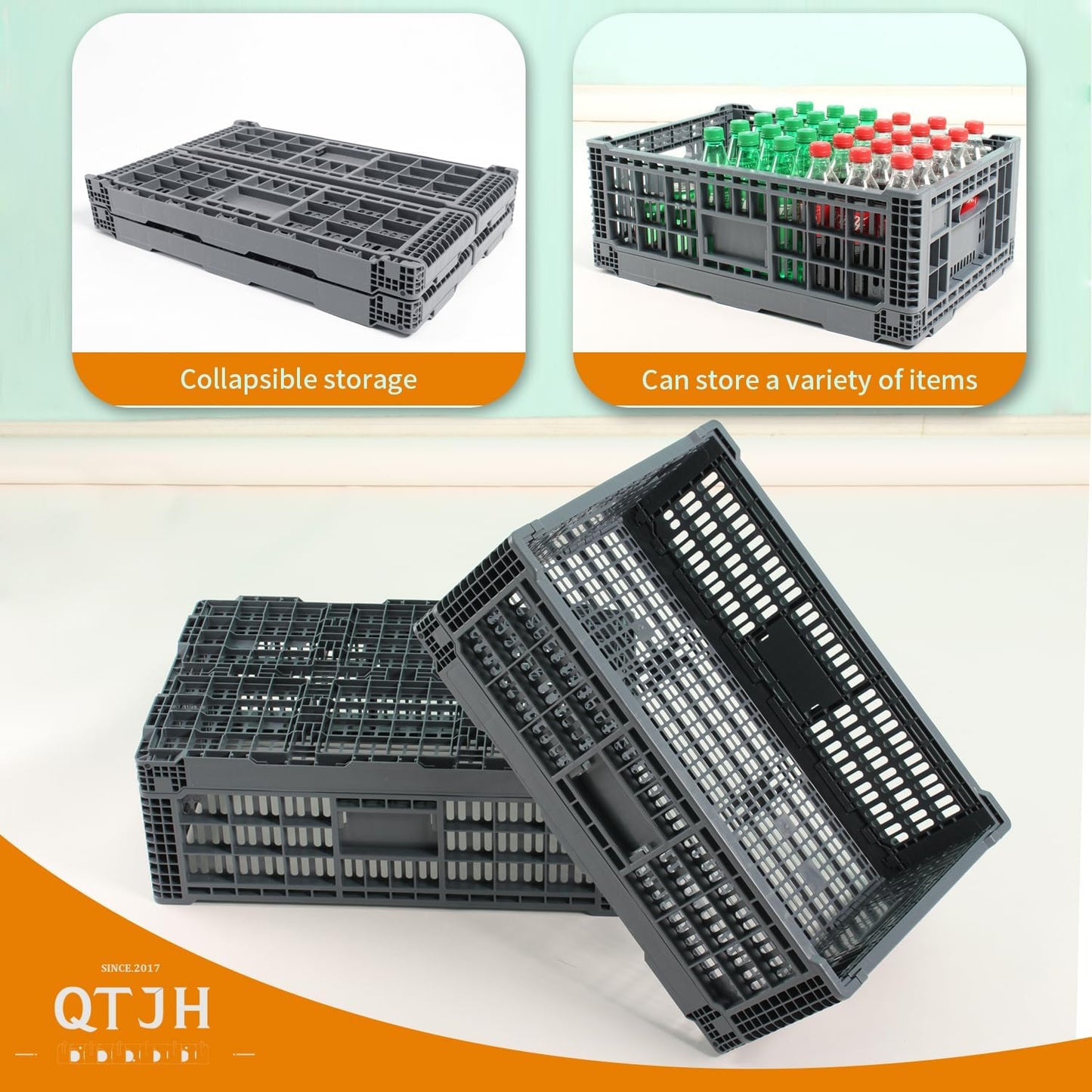 Generic Collapsible Storage Crate, 52 Liter Heavy Duty Plastic Storage Box, Milk Crates Heavy Duty Transit Storage, Gray (2)