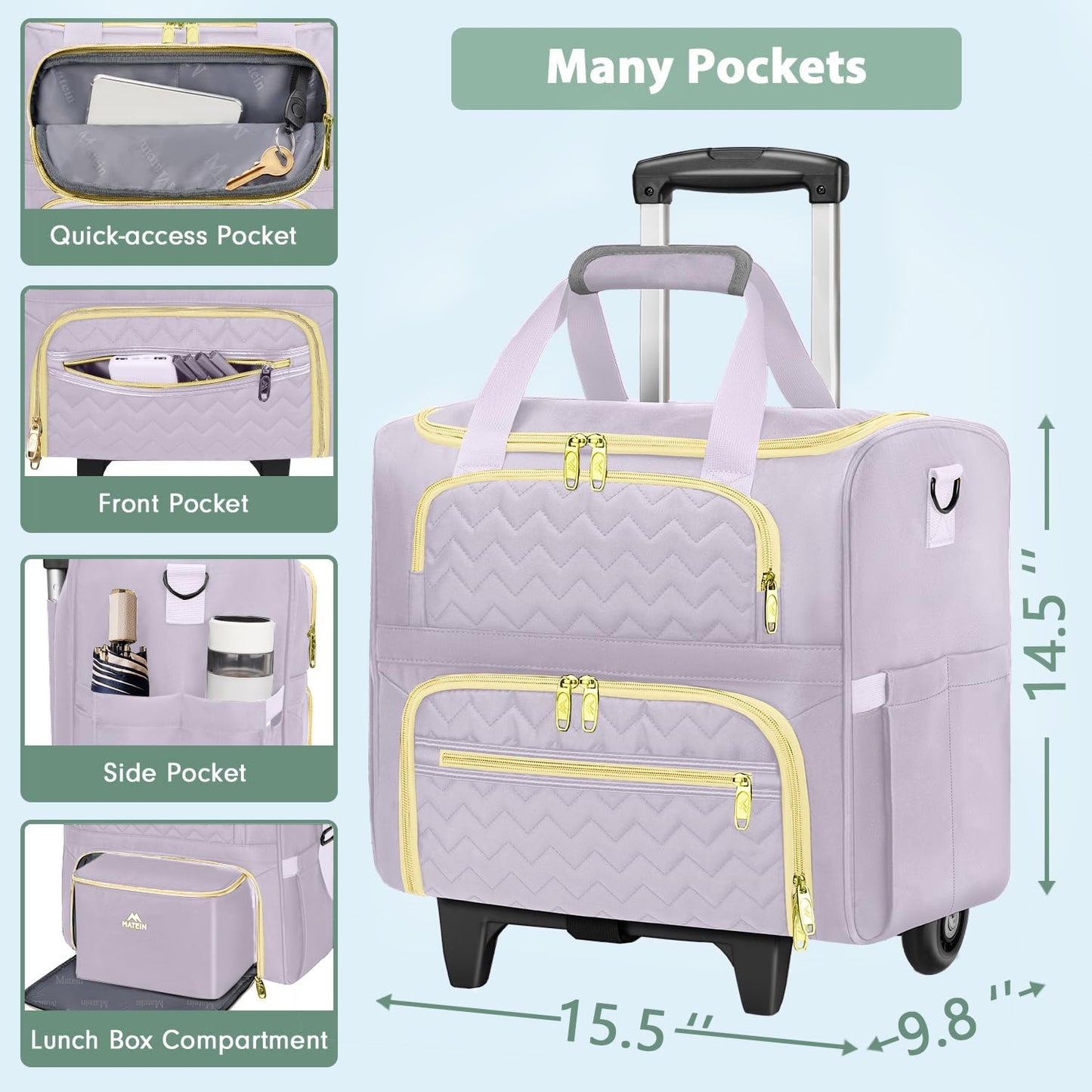 MATEIN Rolling Briefcase for Women, Rolling Work Bag with Wheels & Detachable Cart Fit 15.6 Inch Laptop, Roller Laptop Tote Bag with Insulated Lunch Box for Teacher Commute Office Work College, Purple