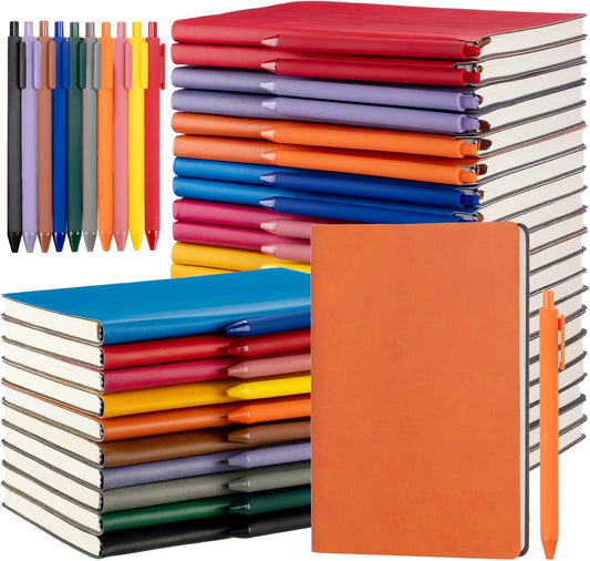 Jetec 30 Pack Notebooks Journals with 30 Pens, Bulk A5 Softcover Leather Notepad Journal with Pen for School Business Work Writing, 200 Pages(Multicolor, Vivid)