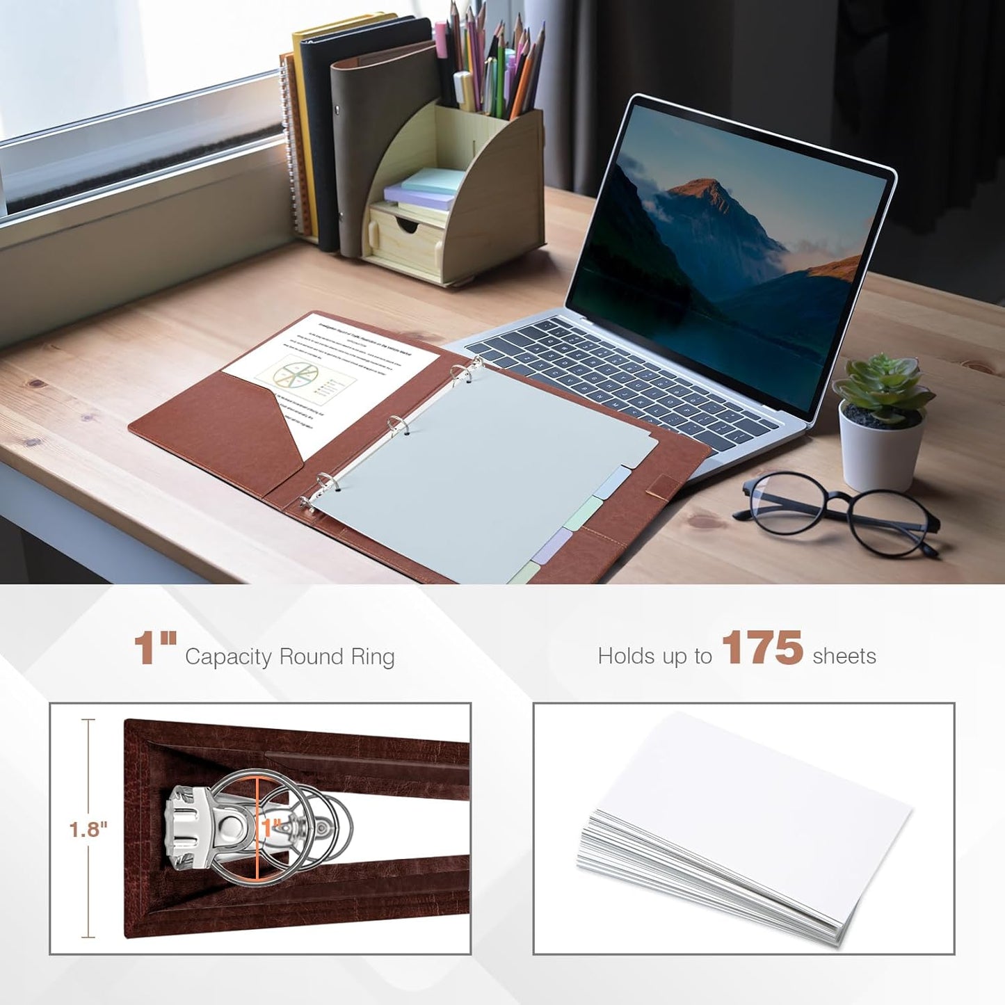 Ospelelf 3 Ring Binder with Clipboard, 1 Inch Leather, Brown, Letter Size (8.5" x 11"), 5 Tab Dividers