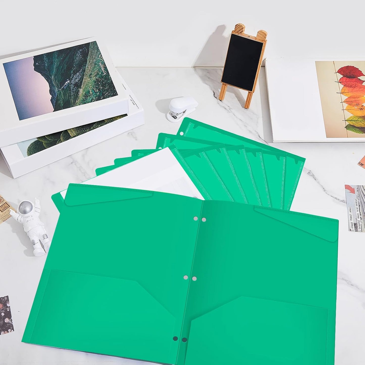 Henoyso 36 Pcs 2 Pocket Plastic Folders with Clear Front Pocket 3 Hole Punched File Folder Letter Size Take Home Documents Holder for Paper Holder Office Business Back to School Supply (Green)