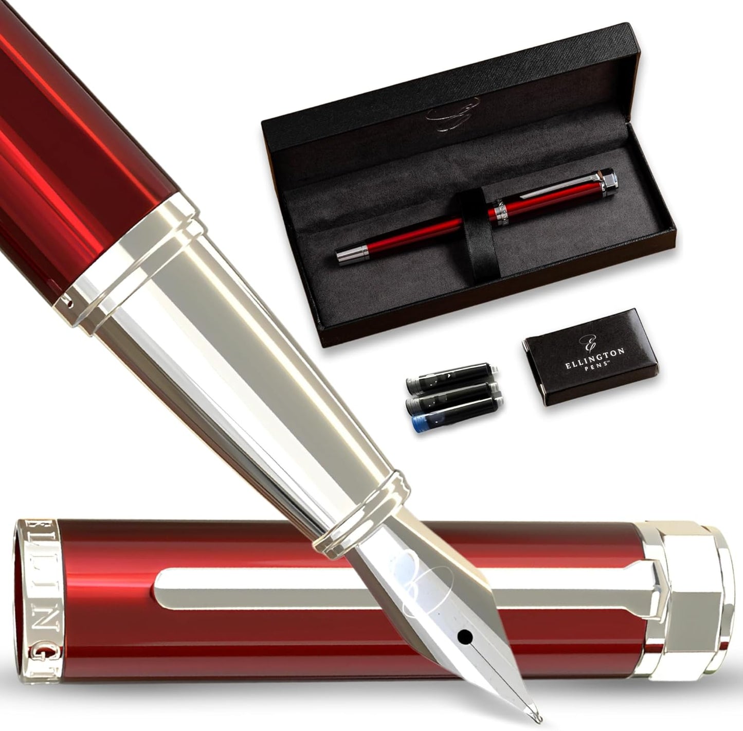 Ellington Pens Luxury Fountain Pen Set - Smooth Medium Nib- Includes 3 Ink Cartridges, Refillable Ink Converter, Gift Box- Fountain Pens For Writing, Calligraphy, Journaling, Sketching (Scarlet Slate)