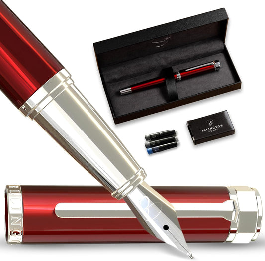 Ellington Pens Luxury Fountain Pen Set - Smooth Medium Nib- Includes 3 Ink Cartridges, Refillable Ink Converter, Gift Box- Fountain Pens For Writing, Calligraphy, Journaling, Sketching (Scarlet Slate)