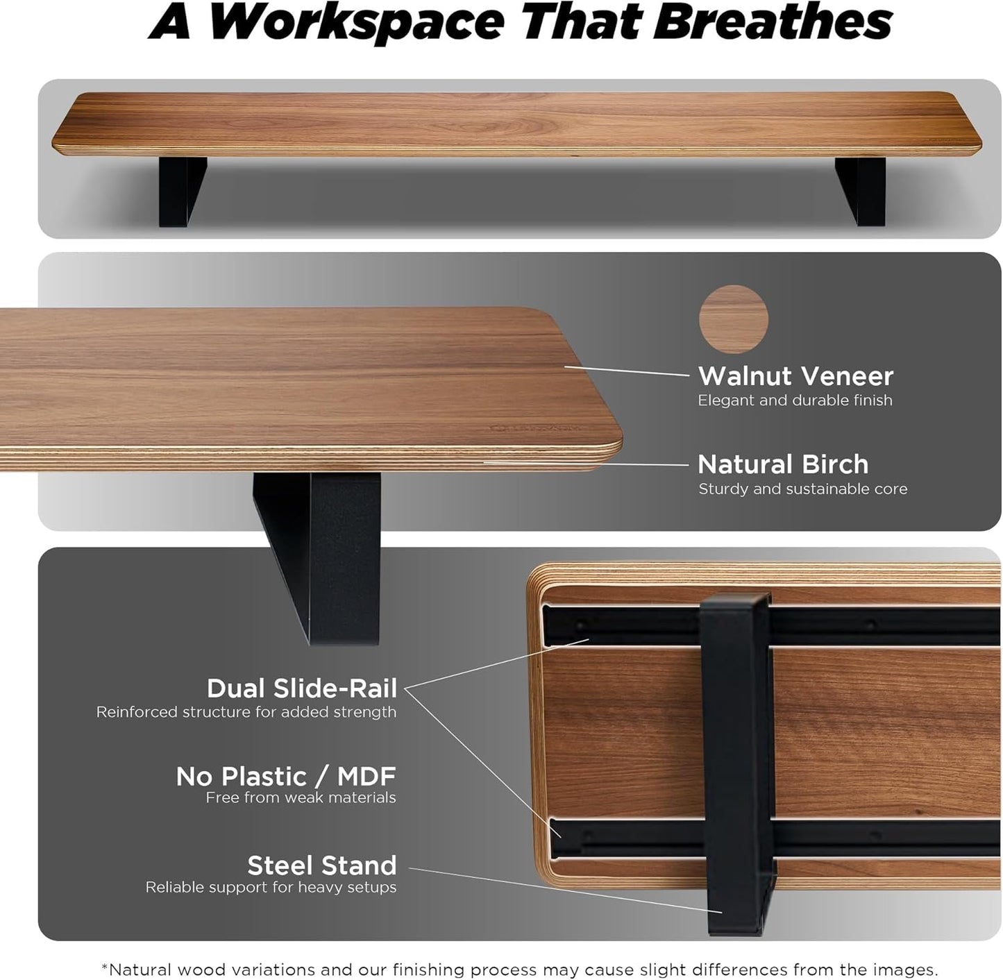 Moodular Wooden Monitor Stand 45.6” (116cm) Large Desk Organizer with Metal Slide Rails for Drawer, Tray, Laptop, Tablet, Phone & Headphones Customizable Riser for Organized Workspace Walnut