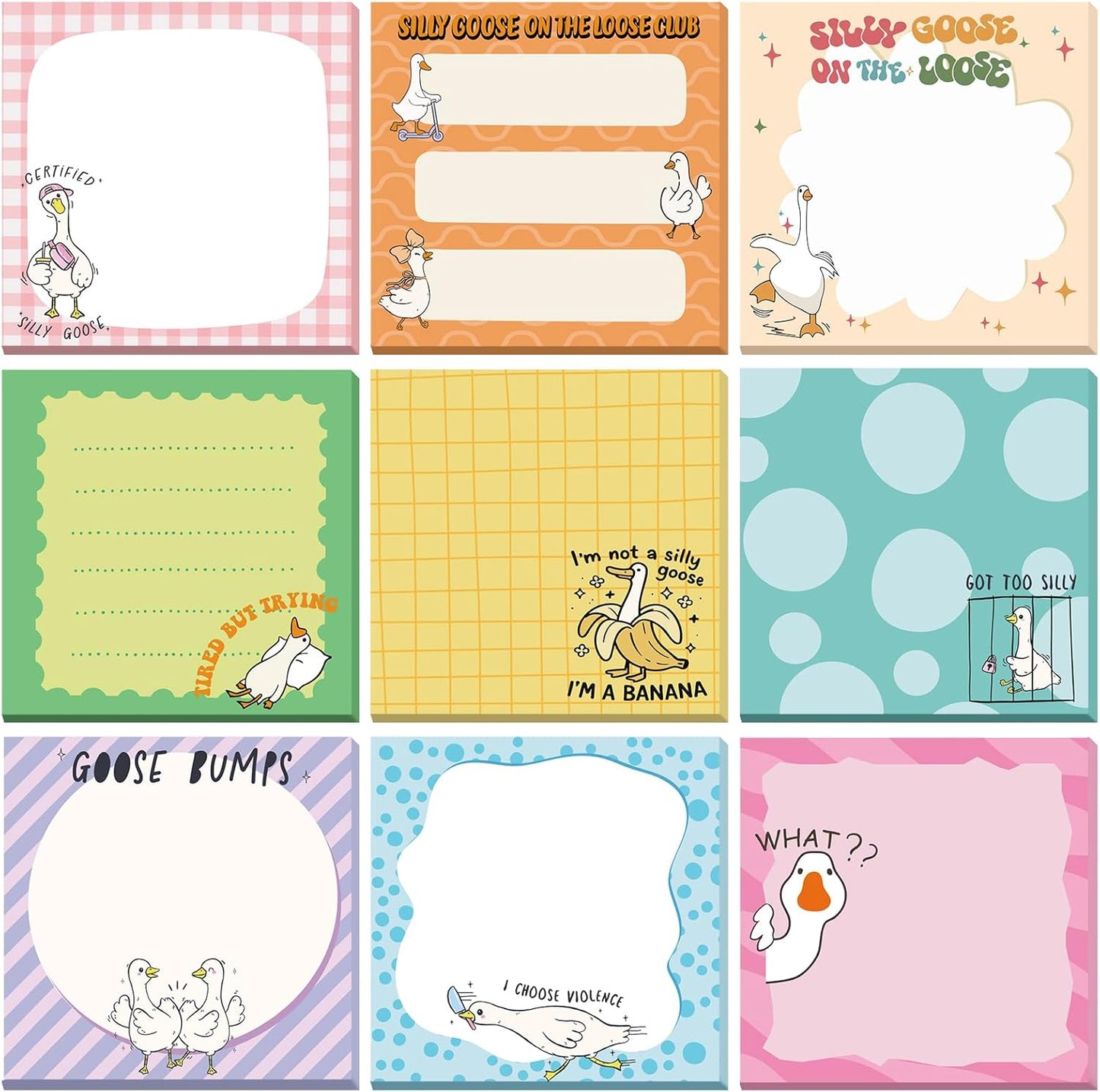 9 Pads Goose Sticky Notes Cartoon Self Stick Notepads 3x3 Inches Notes Adhesive Memo Pad Office Decor Gifts for Students School Teacher Office Meeting