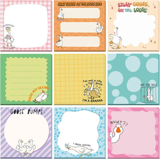 9 Pads Goose Sticky Notes Cartoon Self Stick Notepads 3x3 Inches Notes Adhesive Memo Pad Office Decor Gifts for Students School Teacher Office Meeting
