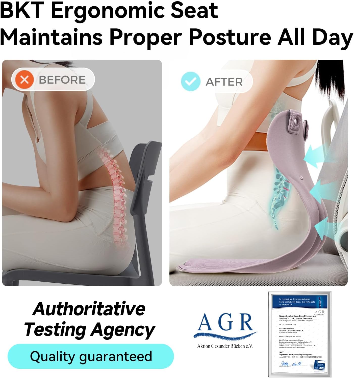 BKT Lumbar Support Seat Cushions Ergonomic Office Chair for Students Office Workers Nursing Mothers Long Sitting Outdoor Fishing Floor Chair (XL-Pastel Lilac)