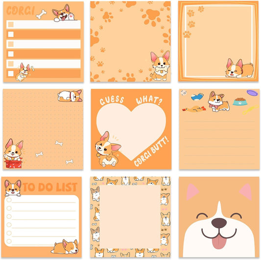 9 Pads Corgi Sticky Notes 3x3 Inch Cute Self Stick Notepads Notes Adhesive Memo Pad Office Decor Gifts for Students School Teacher Meeting Office Supplies