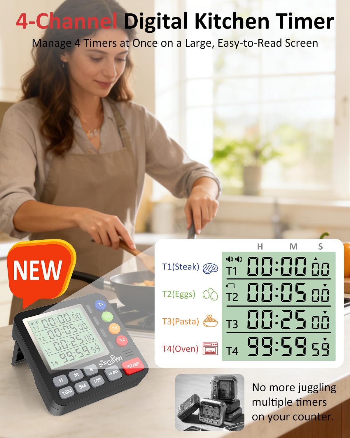 Digital Kitchen Timer for Cooking - 4 Channel Count Up Countdown Timer with Loud Alarm and Silent Mode, Large Display, Magnetic Back, Auto Memory for Classroom Study Gym, Battery Included (Black)