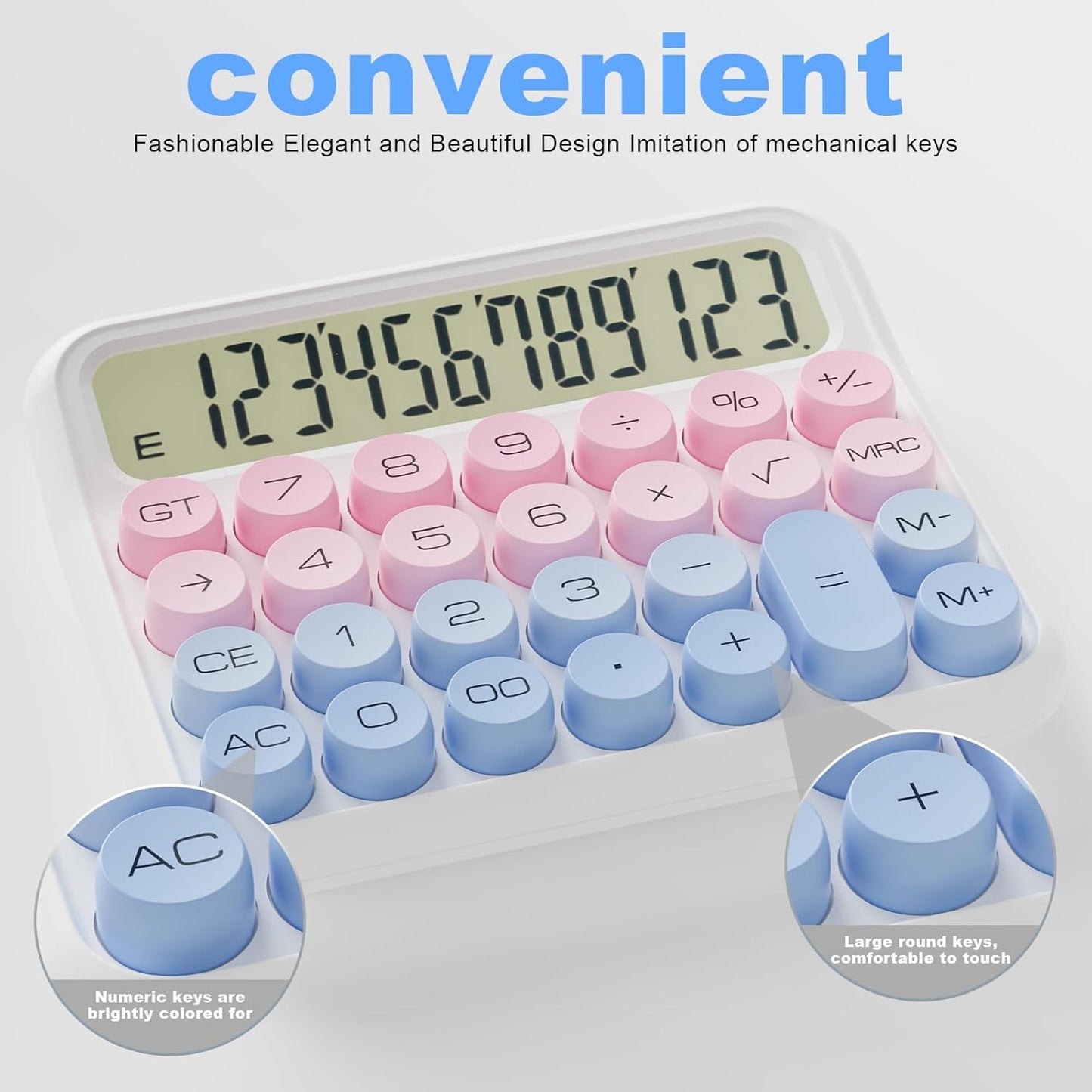 DECKLIT Battery Desk Calculator - 12 Digit Extra Large 5-Inch LCD Display, Big Buttons Easy to Press Office Calculators, 15 Tilt Screen for Kids (Blue & Pink)