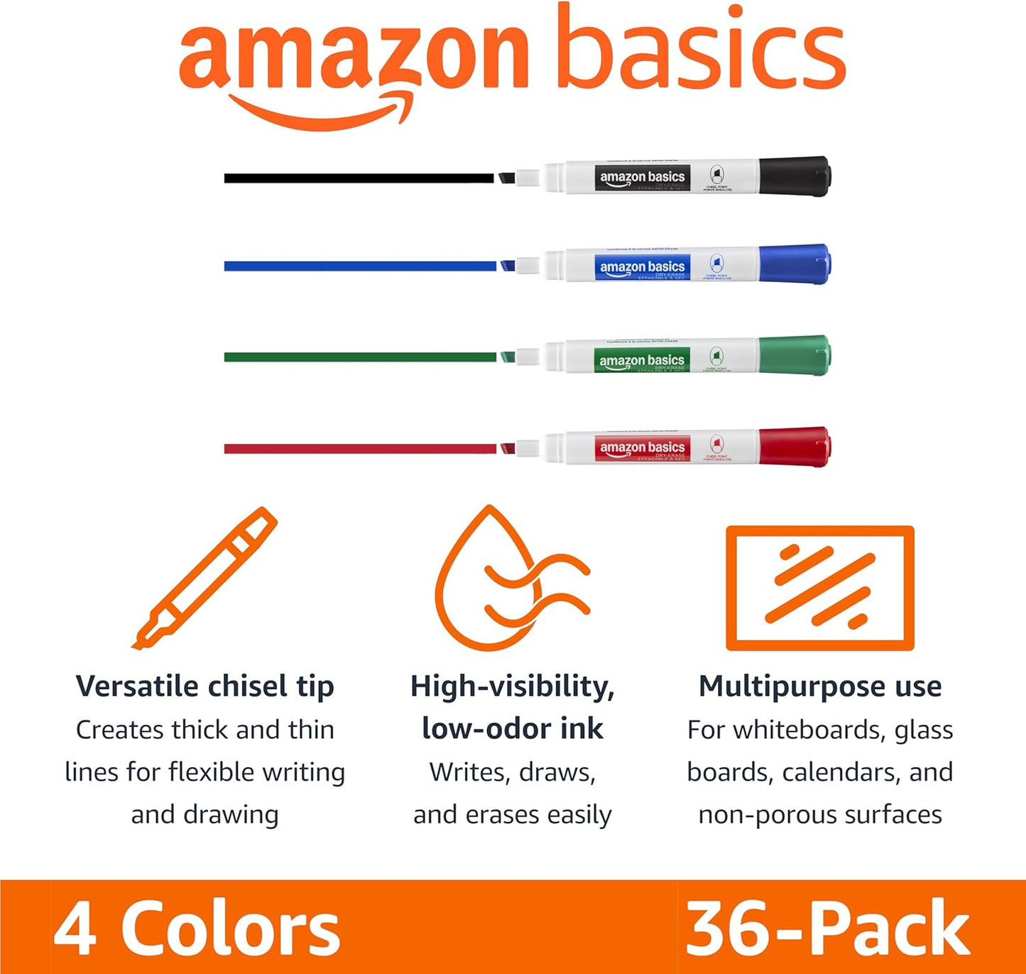 Amazon Basics Low-Odor Dry Erase Whiteboard Markers, Chisel Tip, 4 Assorted Colors, 36 Count