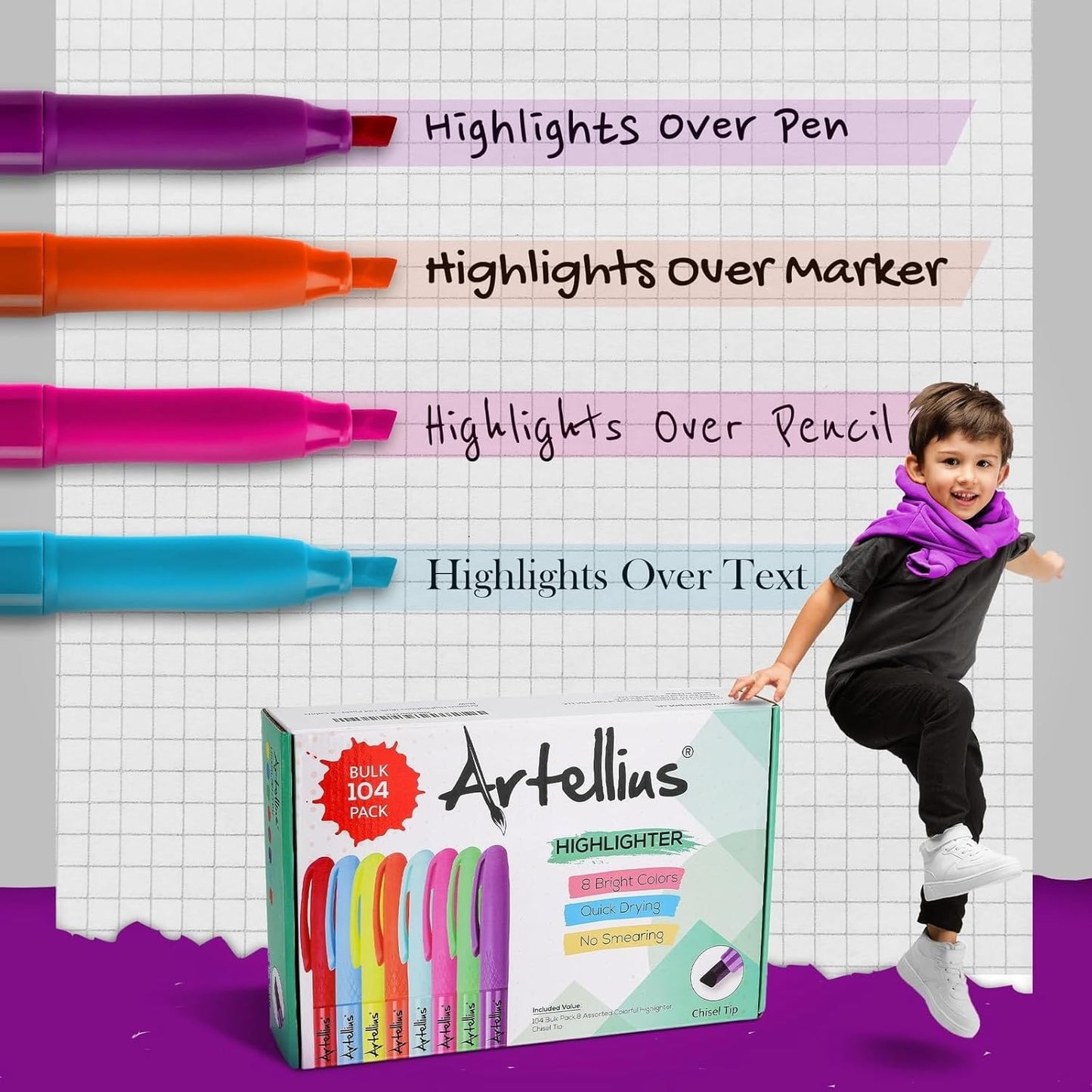 Artellius 104 Pack Vibrant Highlighters Assorted Colors Bulk Set (8 Bright Colors), Quick-Dry, Neon Pastel Chisel Tip Highlighter Set for Underlining, Highlighters Bulk Perfect for Class, Office