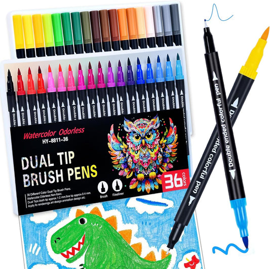 36 Colors Brush & Fine Dual Tip Art Markers Set for Adult Kids Coloring, Dual Tip Colored Pens Markers Quick Drying Without Fading ,Water Based Marker for Calligraphy, Journal ,Doodling,Painting