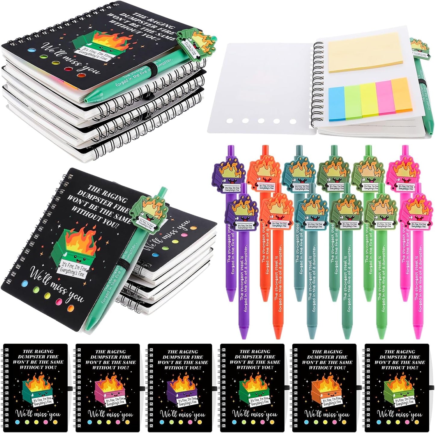24Pcs Going Away Gifts-Dumpster Fire Notebook with Ballpoint Pens Pocket Journals Notepads Spiral Notebook with Sticky Note Emotional Support Gifts Appreciation Gifts for Coworkers Leaving Job Office