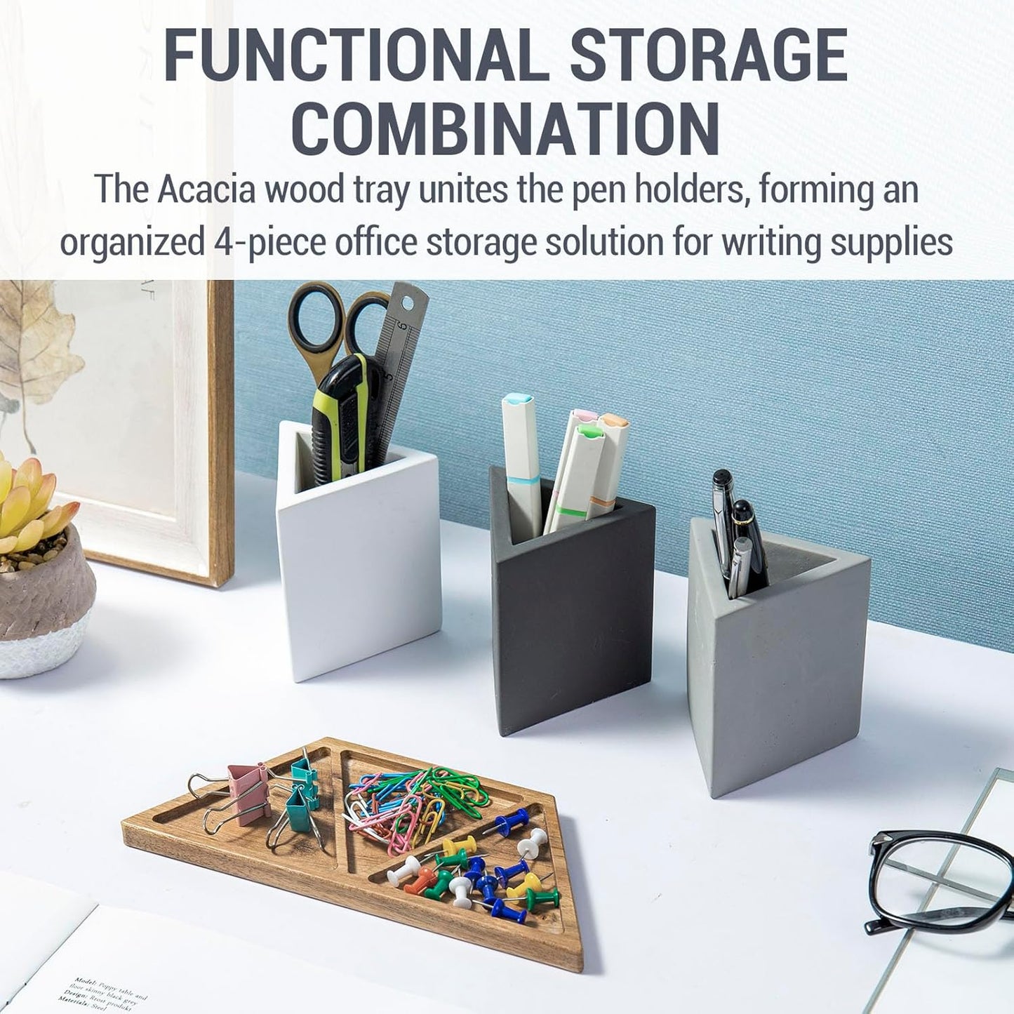 MyGift Modern Concrete Desk Organizer Set with 3 Triangular Gray-Tone Pen Holders and Acacia Wood Tray, 4-Piece Office Storage Solution for Pens, Pencils, and Supplies