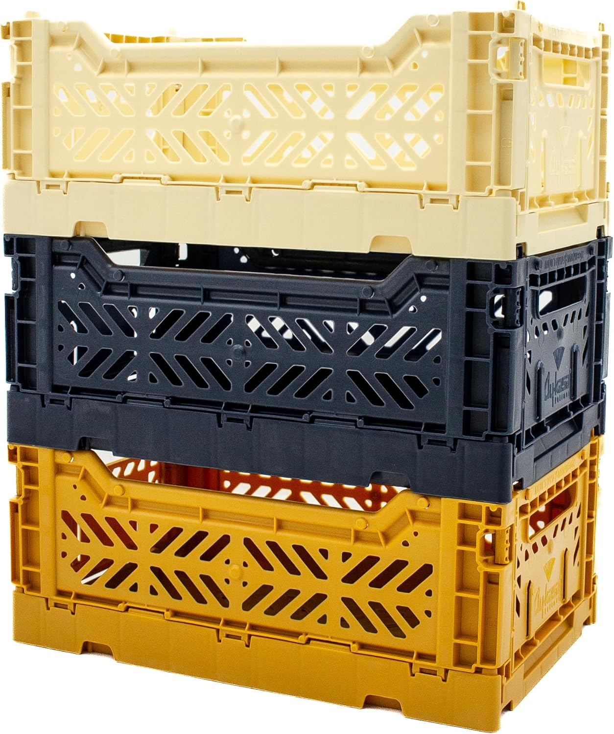 Collapsible Storage Box, Foldable Crate Organizer Bin with Handle, Stackable Crates for Home Organization (Cream-Navy-Mustard, 4L -3-Pack)