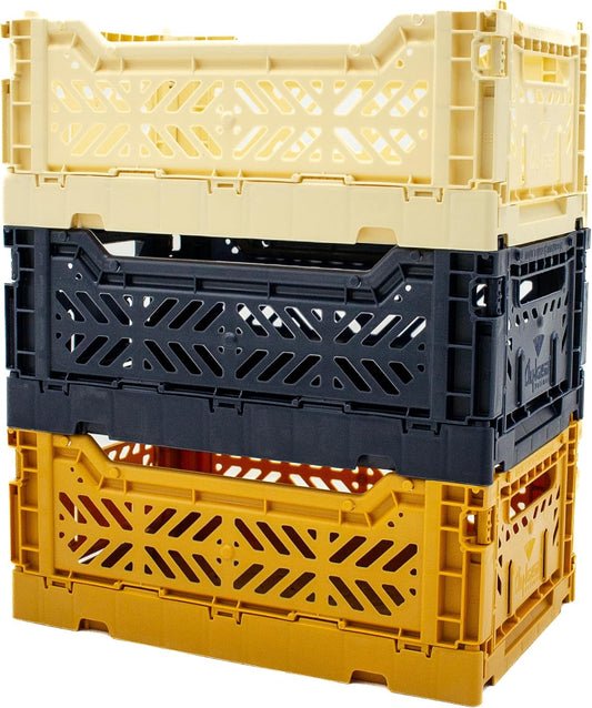 Collapsible Storage Box, Foldable Crate Organizer Bin with Handle, Stackable Crates for Home Organization (Cream-Navy-Mustard, 4L -3-Pack)
