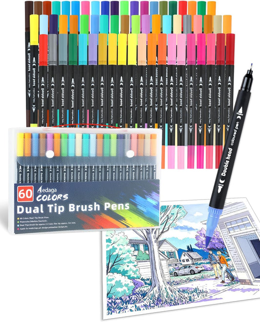 60 Colors Dual Tip Brush Pens, Fine Felt Tip and Brush Tips Colored Pens for Adults, Coloring Markers for Coloring Book Bullet Journaling Note Taking Hand Lettering