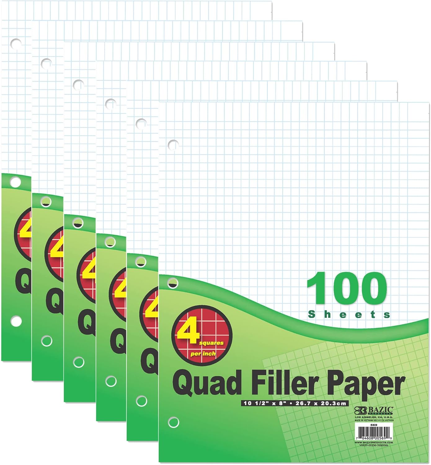 BAZIC Products Filler Paper Loose Leaf Papers 100 Sheet, 4-1" Quad Ruled, 3 Hole Punched for Ring Binders, Graph Drafting for Office School Student, 6-Pack